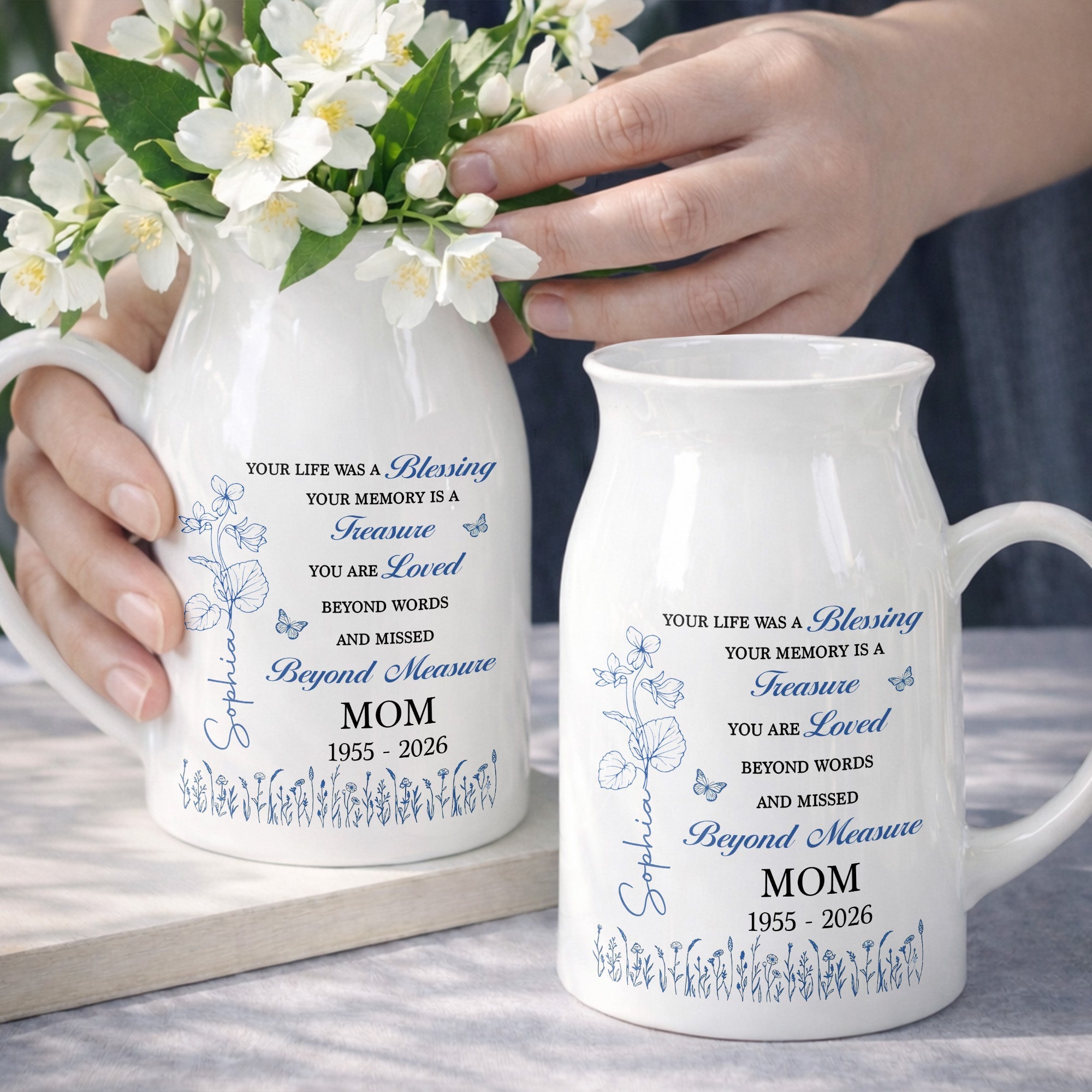 Your Life Was A Blessing Memorial Birth Month Flower Mom - Personalized Ceramic Flower Vase