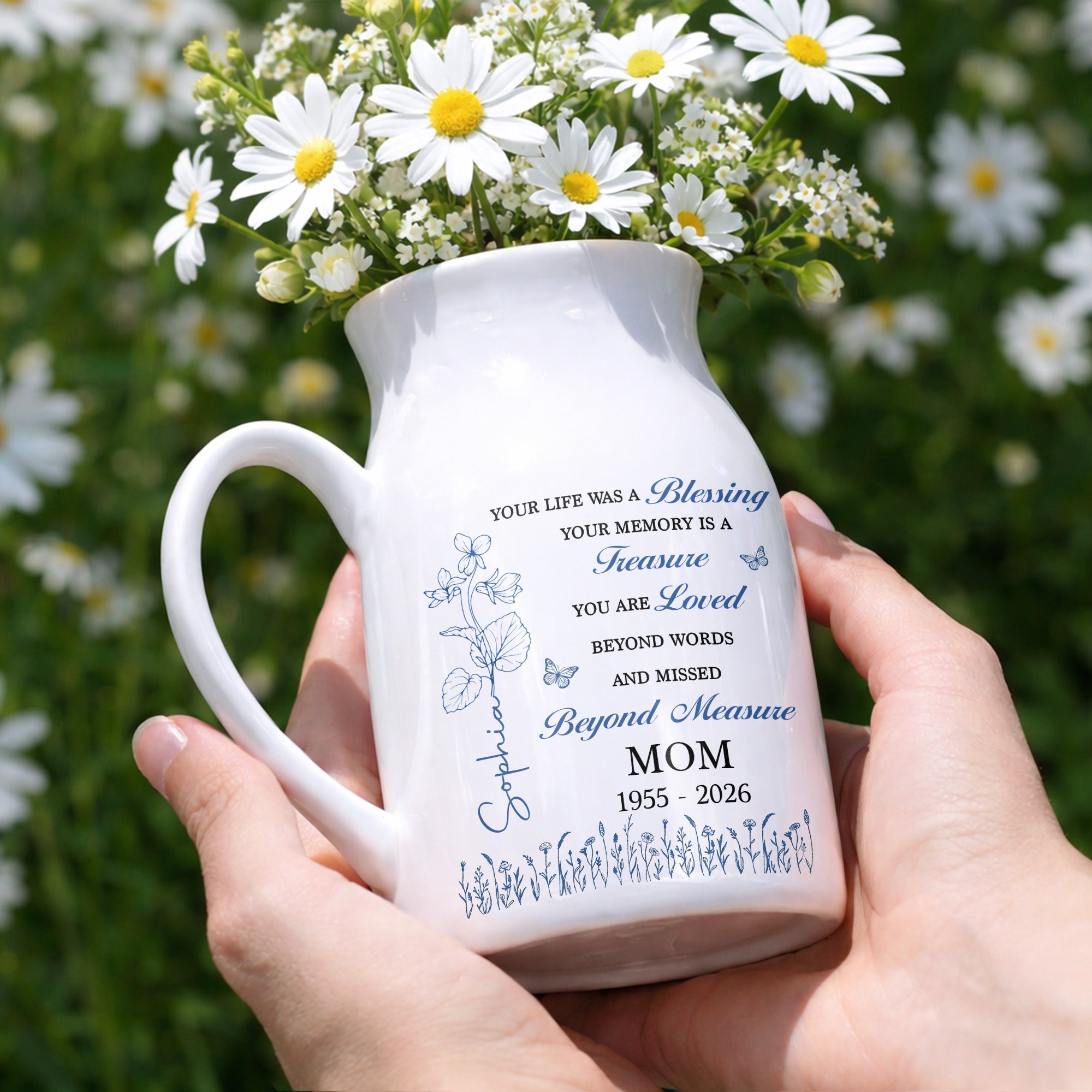 Your Life Was A Blessing Memorial Birth Month Flower Mom - Personalized Ceramic Flower Vase