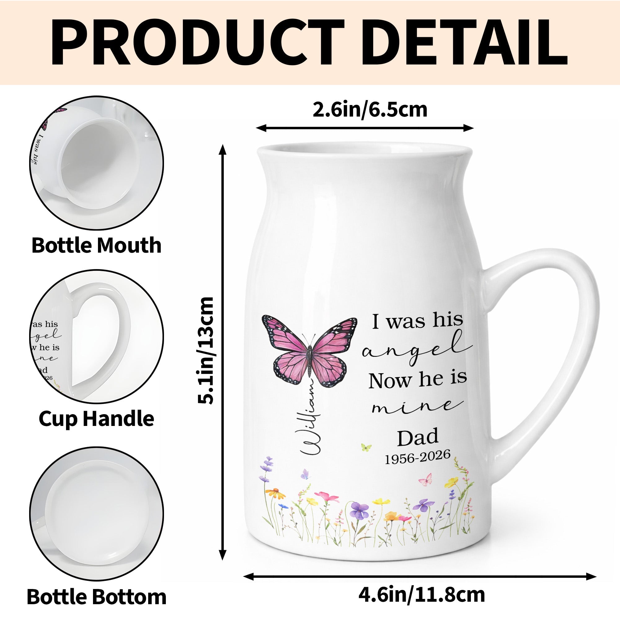 I Was His Angel Now He Is Mine Butterfly Flowers Memorial - Personalized Ceramic Flower Vase