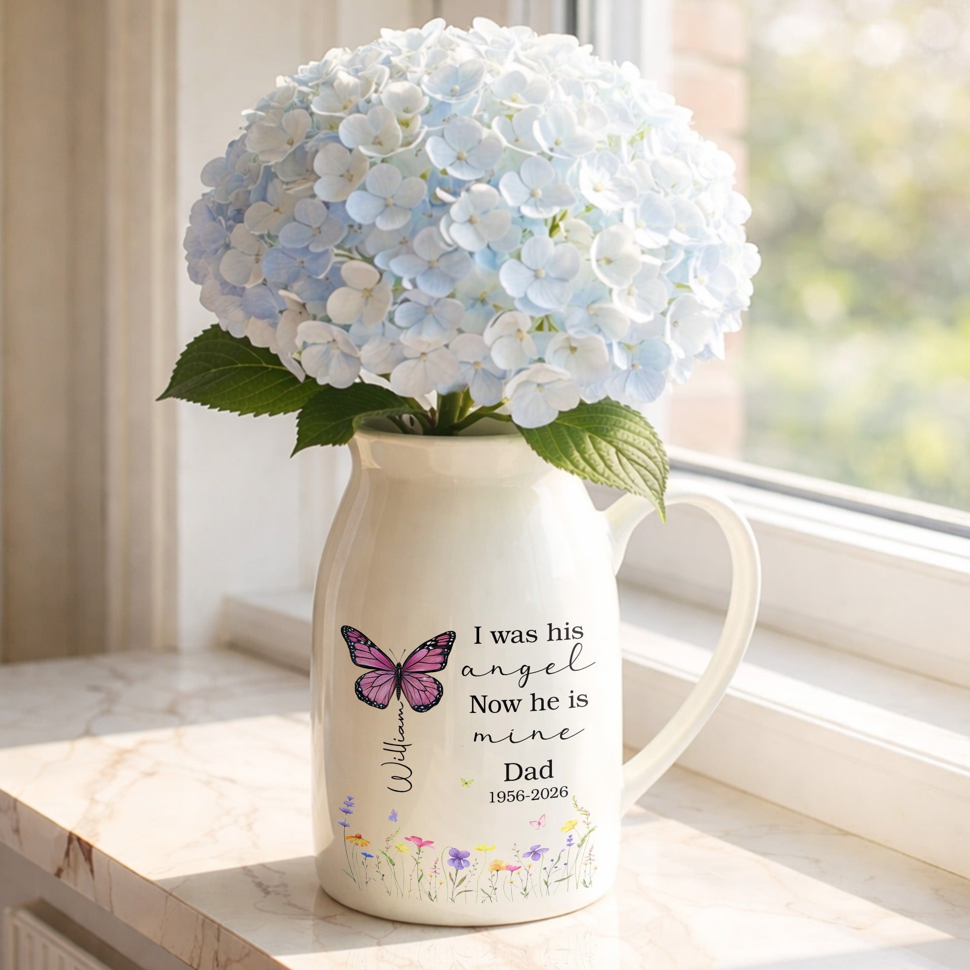 I Was His Angel Now He Is Mine Butterfly Flowers Memorial - Personalized Ceramic Flower Vase