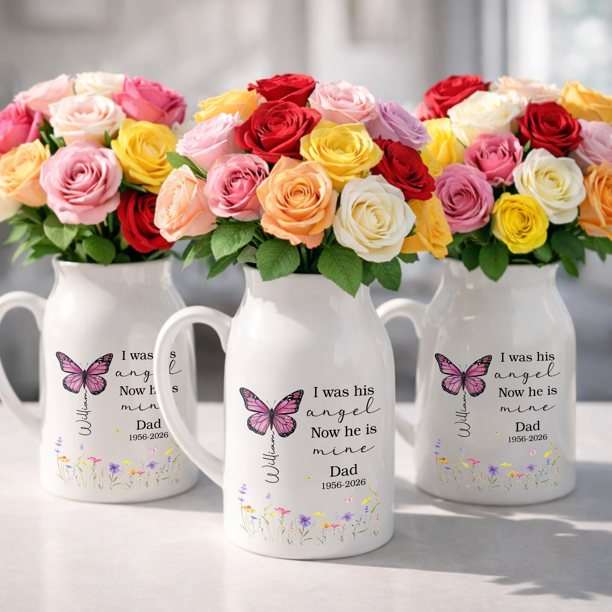 I Was His Angel Now He Is Mine Butterfly Flowers Memorial - Personalized Ceramic Flower Vase