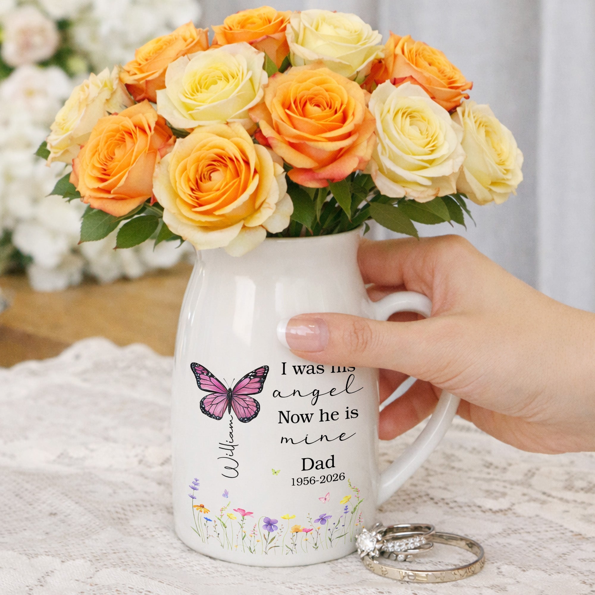 I Was His Angel Now He Is Mine Butterfly Flowers Memorial - Personalized Ceramic Flower Vase