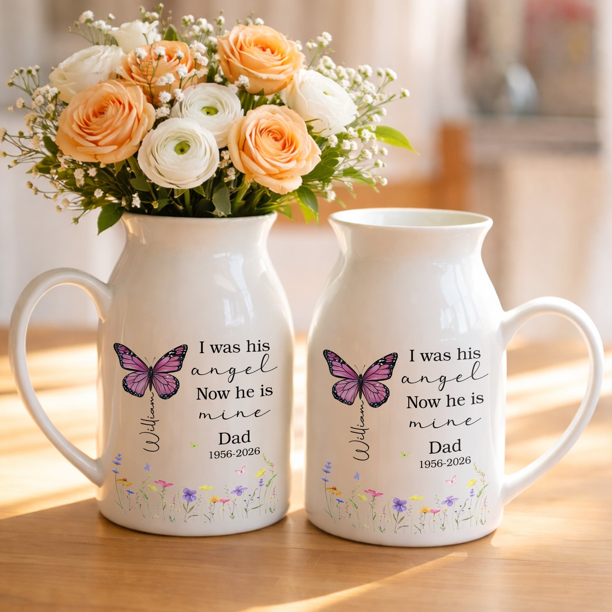 I Was His Angel Now He Is Mine Butterfly Flowers Memorial - Personalized Ceramic Flower Vase
