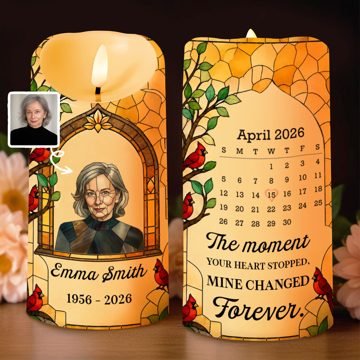 The Moment Your Heart Stopped Cardinal Stained Glass Photo Calendar - Personalized Custom LED Candle - HME617_LECA