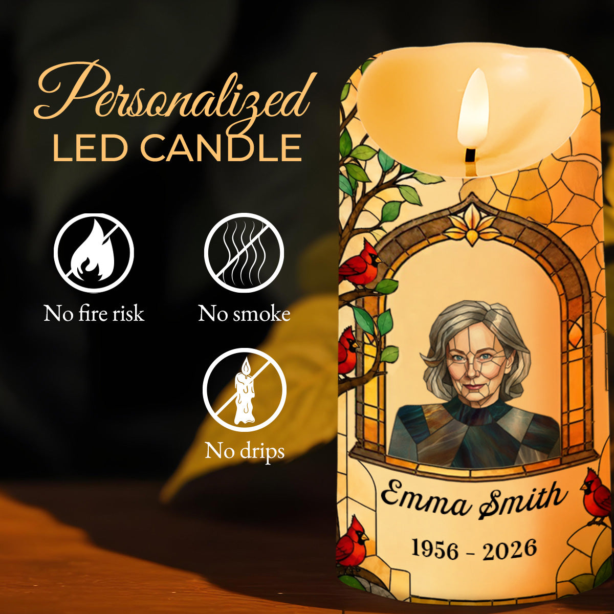 The Moment Your Heart Stopped Cardinal Stained Glass Photo Calendar - Personalized Custom LED Candle - HME617_LECA