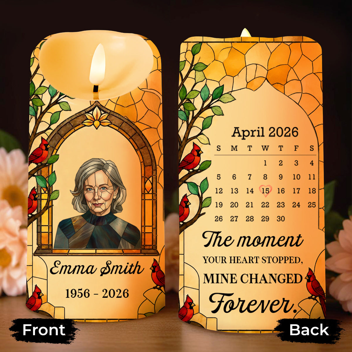 The Moment Your Heart Stopped Cardinal Stained Glass Photo Calendar - Personalized Custom LED Candle - HME617_LECA