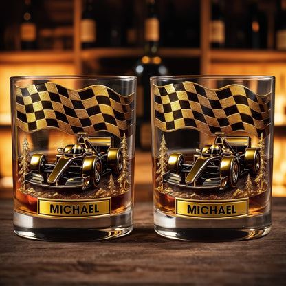 Cherish Your Victories, Celebrate Your Passions, Race Car And Checkered Flag - Personalized Custom Whiskey Glass - HOB014_RWG