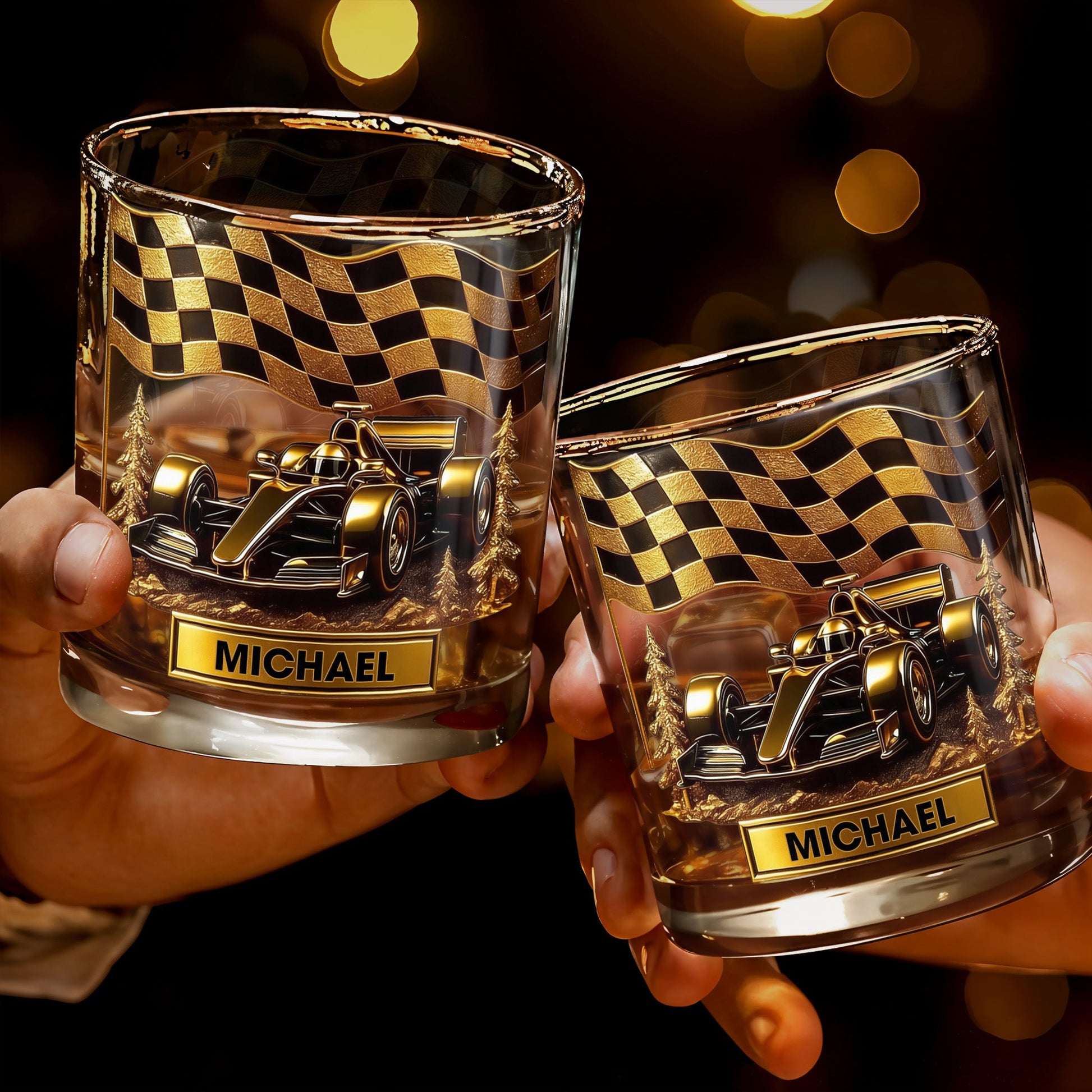 Cherish Your Victories, Celebrate Your Passions, Race Car And Checkered Flag - Personalized Custom Whiskey Glass - HOB014_RWG