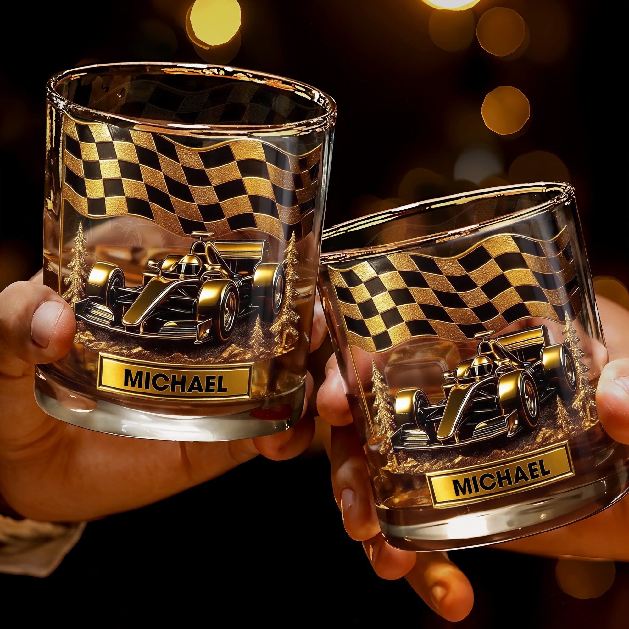 Cherish Your Victories, Celebrate Your Passions, Race Car And Checkered Flag - Personalized Custom Whiskey Glass - HOB014_RWG