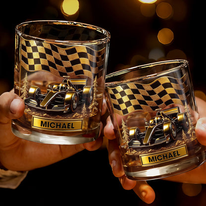 Cherish Your Victories, Celebrate Your Passions, Race Car And Checkered Flag - Personalized Custom Whiskey Glass - HOB014_RWG