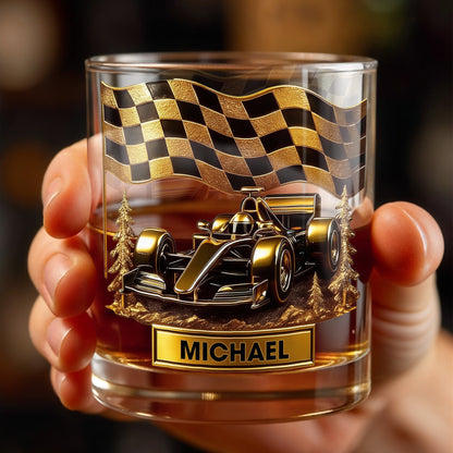 Cherish Your Victories, Celebrate Your Passions, Race Car And Checkered Flag - Personalized Custom Whiskey Glass - HOB014_RWG