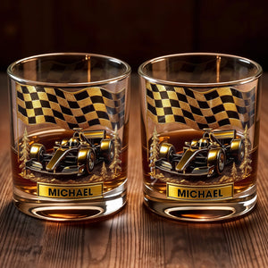 Cherish Your Victories, Celebrate Your Passions, Race Car And Checkered Flag - Personalized Custom Whiskey Glass - HOB014_RWG