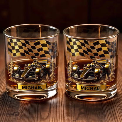 Cherish Your Victories, Celebrate Your Passions, Race Car And Checkered Flag - Personalized Custom Whiskey Glass - HOB014_RWG