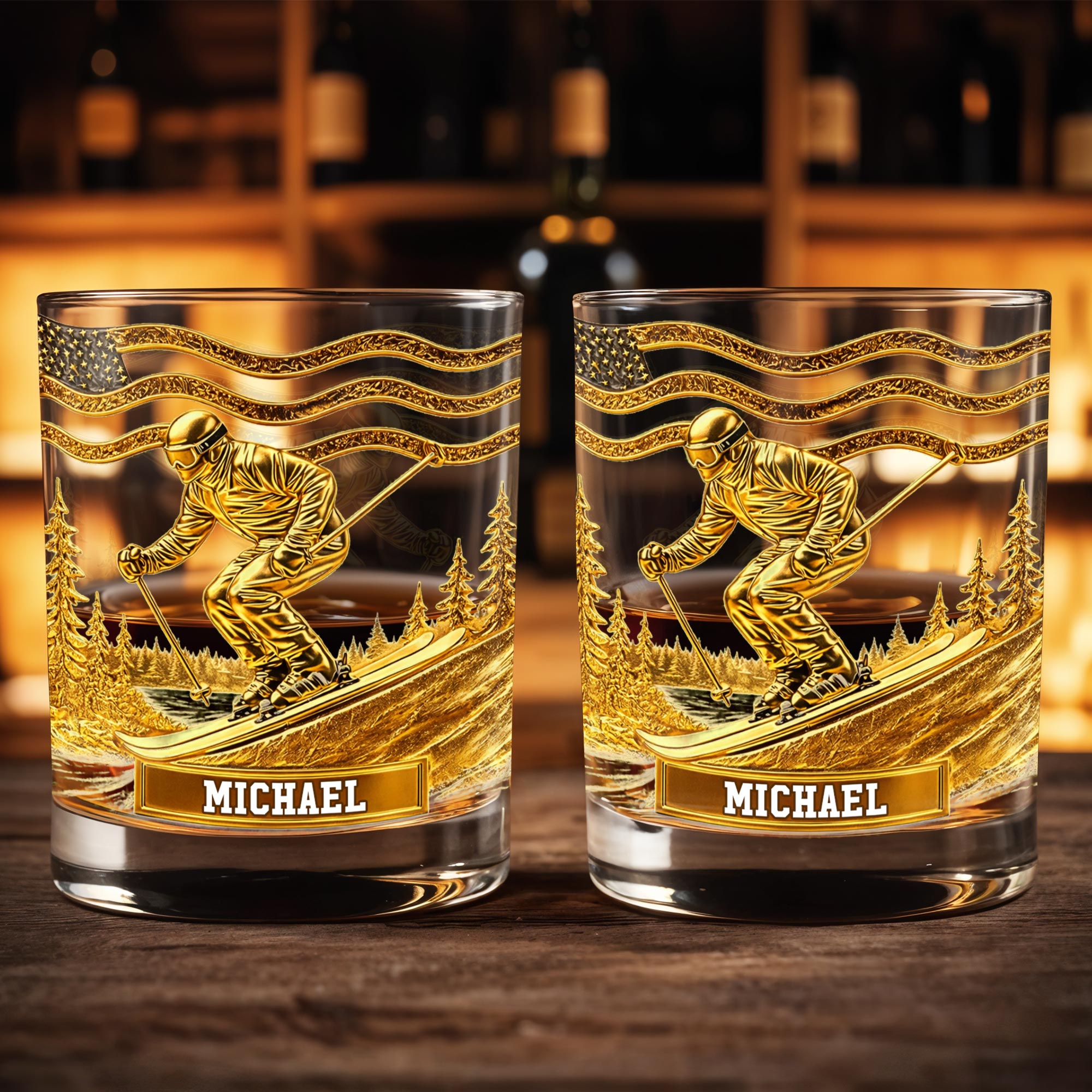 Glide Through Mountains With Custom Name And Skier Design - Personalized Custom Whiskey Glass - HOB017_RWG