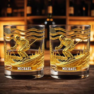 Glide Through Mountains With Custom Name And Skier Design - Personalized Custom Whiskey Glass - HOB017_RWG