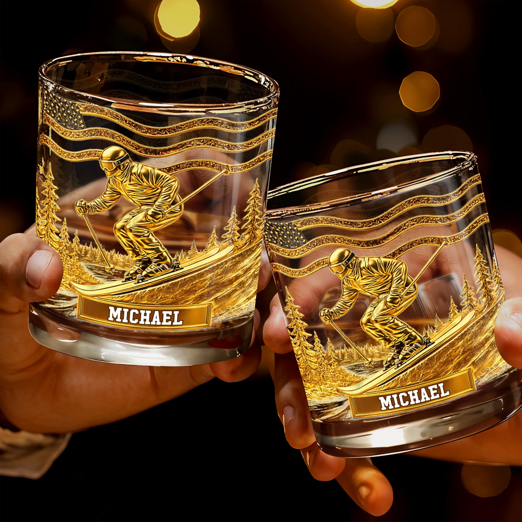 Glide Through Mountains With Custom Name And Skier Design - Personalized Custom Whiskey Glass - HOB017_RWG
