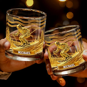 Glide Through Mountains With Custom Name And Skier Design - Personalized Custom Whiskey Glass - HOB017_RWG