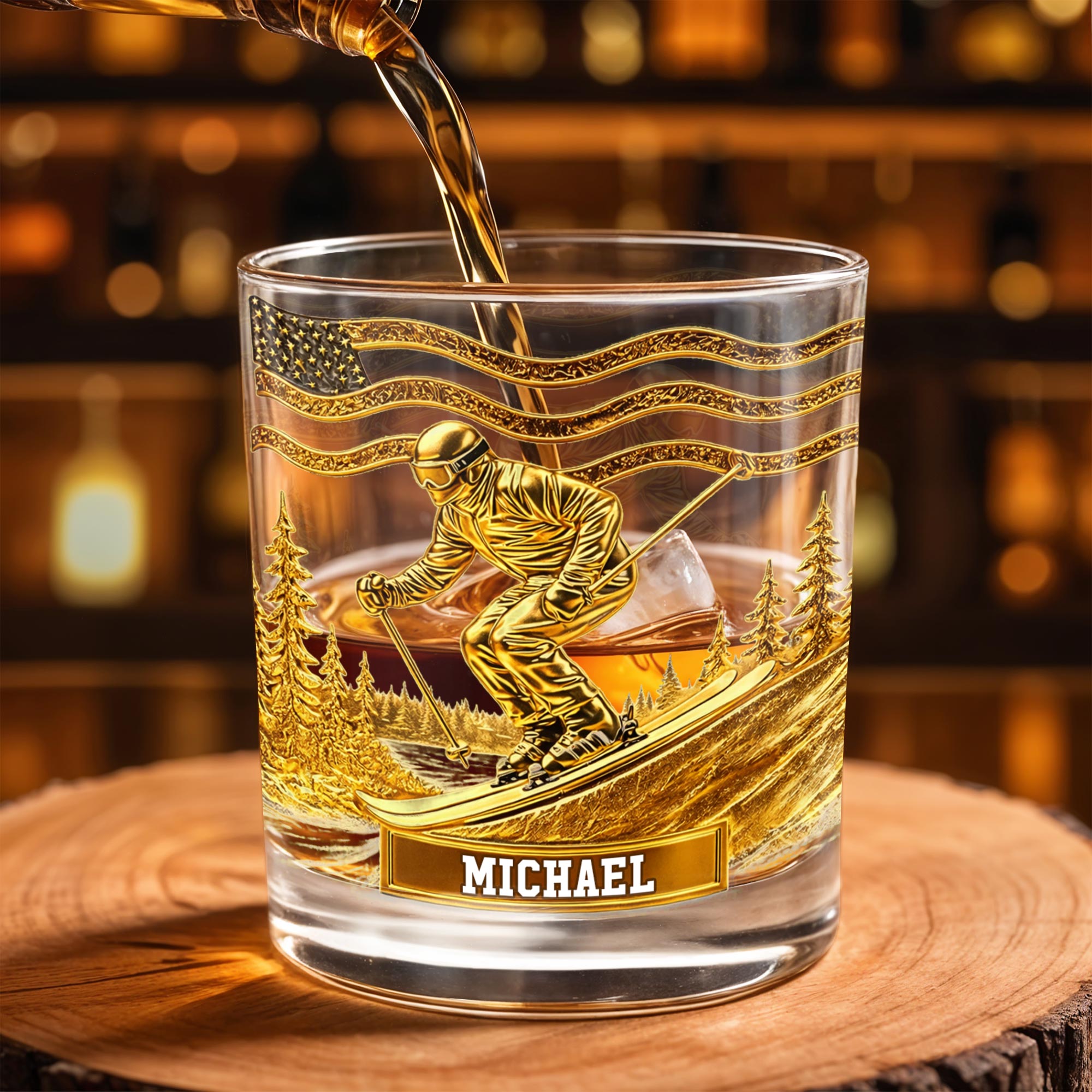 Glide Through Mountains With Custom Name And Skier Design - Personalized Custom Whiskey Glass - HOB017_RWG
