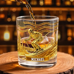 Glide Through Mountains With Custom Name And Skier Design - Personalized Custom Whiskey Glass - HOB017_RWG