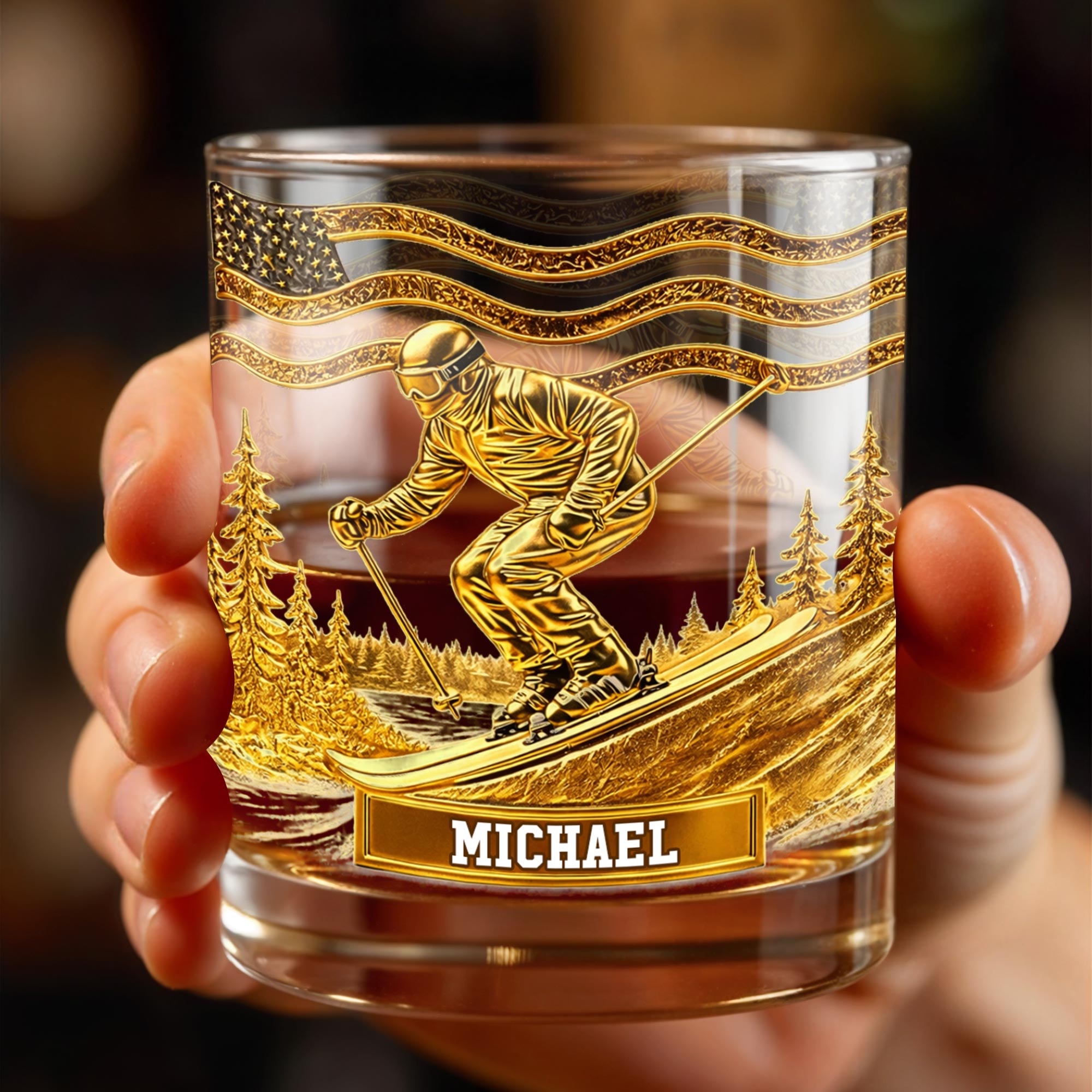 Glide Through Mountains With Custom Name And Skier Design - Personalized Custom Whiskey Glass - HOB017_RWG