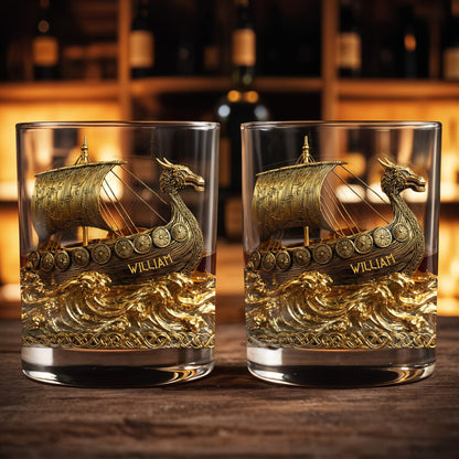 Navigate Through Life With Strength, Ship and Waves Design - Personalized Custom Whiskey Glass - HOB019_RWG