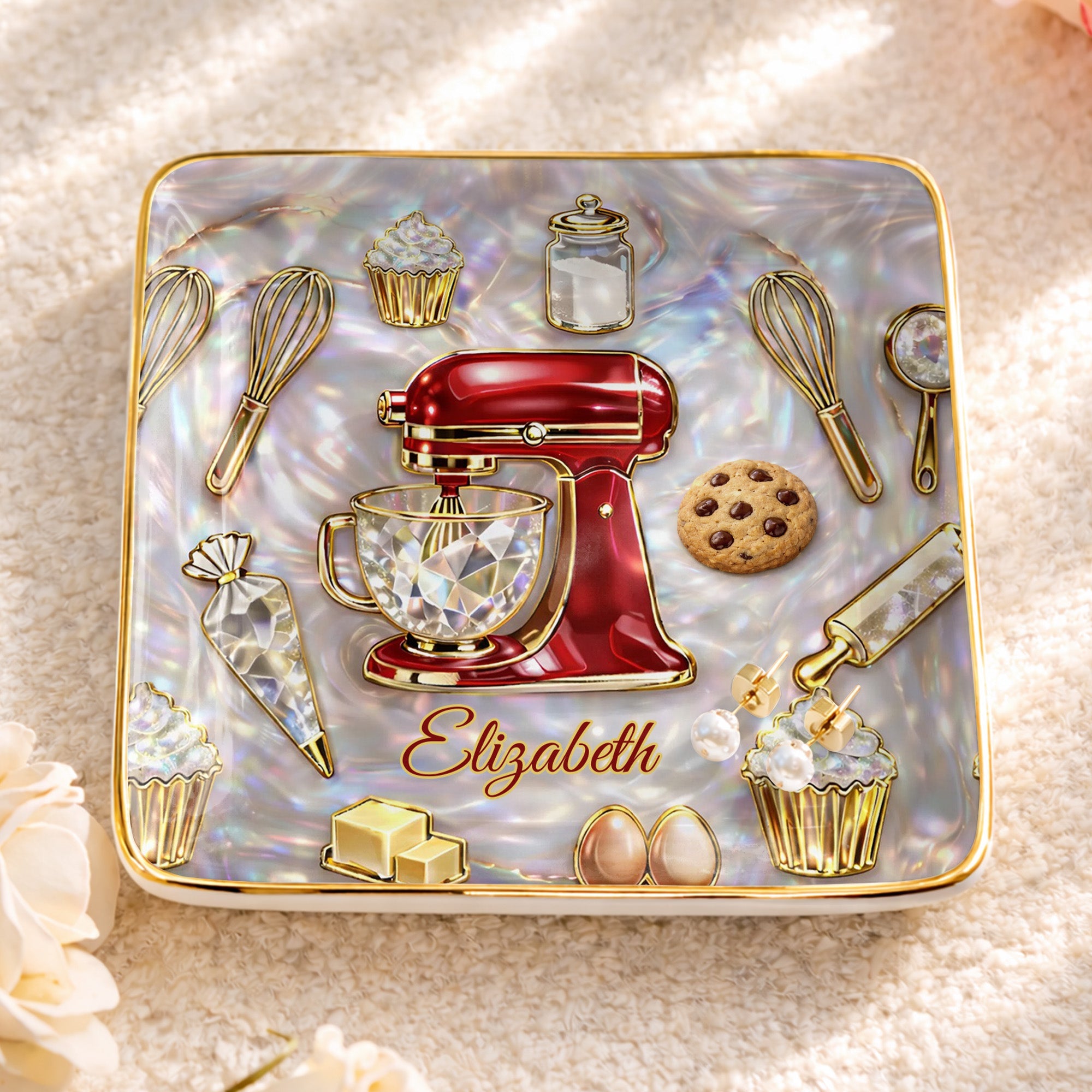 Baking With Love And Sweet Memories With Stand Mixer And Cupcakes - Personalized Custom Jewelry Dish, Ceramic Dish, Square Shape - HOB048_SCRF