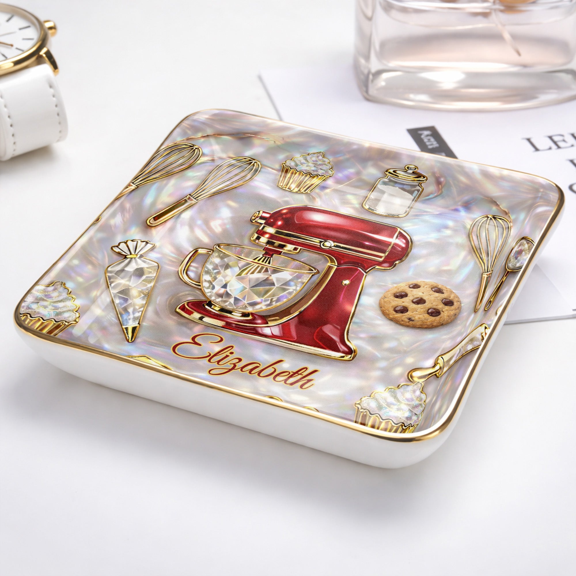 Baking With Love And Sweet Memories With Stand Mixer And Cupcakes - Personalized Custom Jewelry Dish, Ceramic Dish, Square Shape - HOB048_SCRF