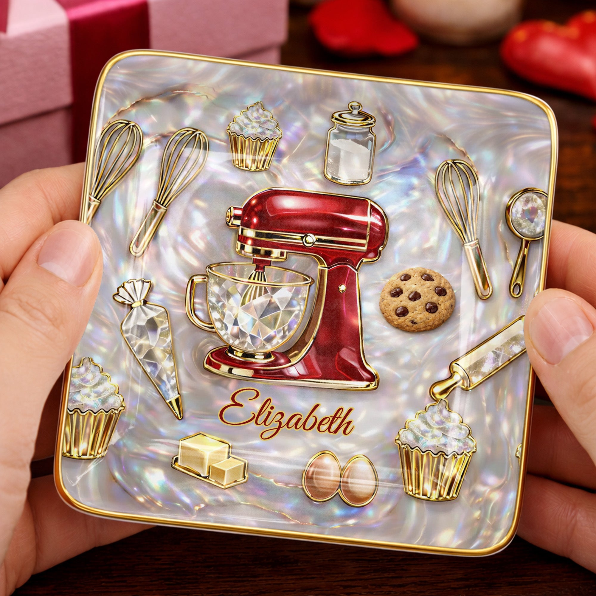 Baking With Love And Sweet Memories With Stand Mixer And Cupcakes - Personalized Custom Jewelry Dish, Ceramic Dish, Square Shape - HOB048_SCRF