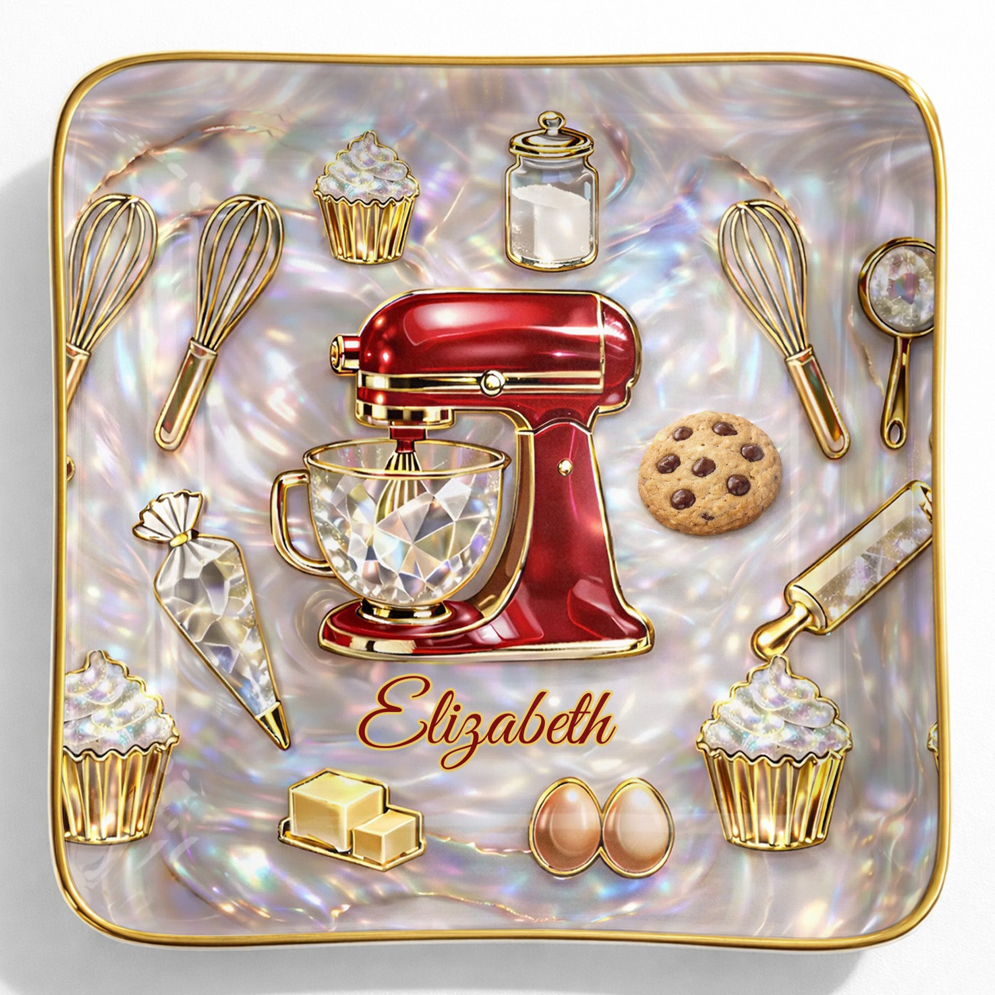 Baking With Love And Sweet Memories With Stand Mixer And Cupcakes - Personalized Custom Jewelry Dish, Ceramic Dish, Square Shape - HOB048_SCRF