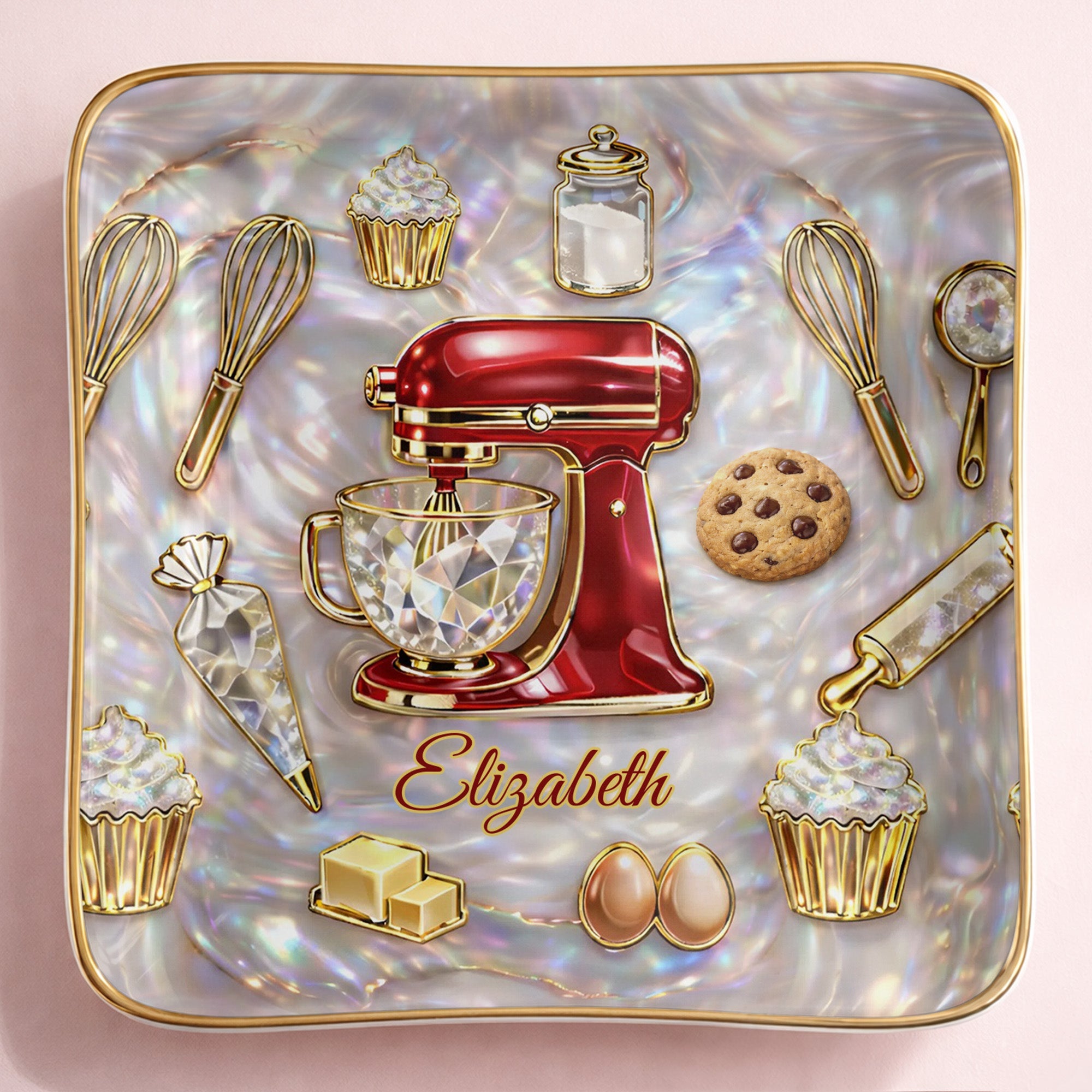 Baking With Love And Sweet Memories With Stand Mixer And Cupcakes - Personalized Custom Jewelry Dish, Ceramic Dish, Square Shape - HOB048_SCRF