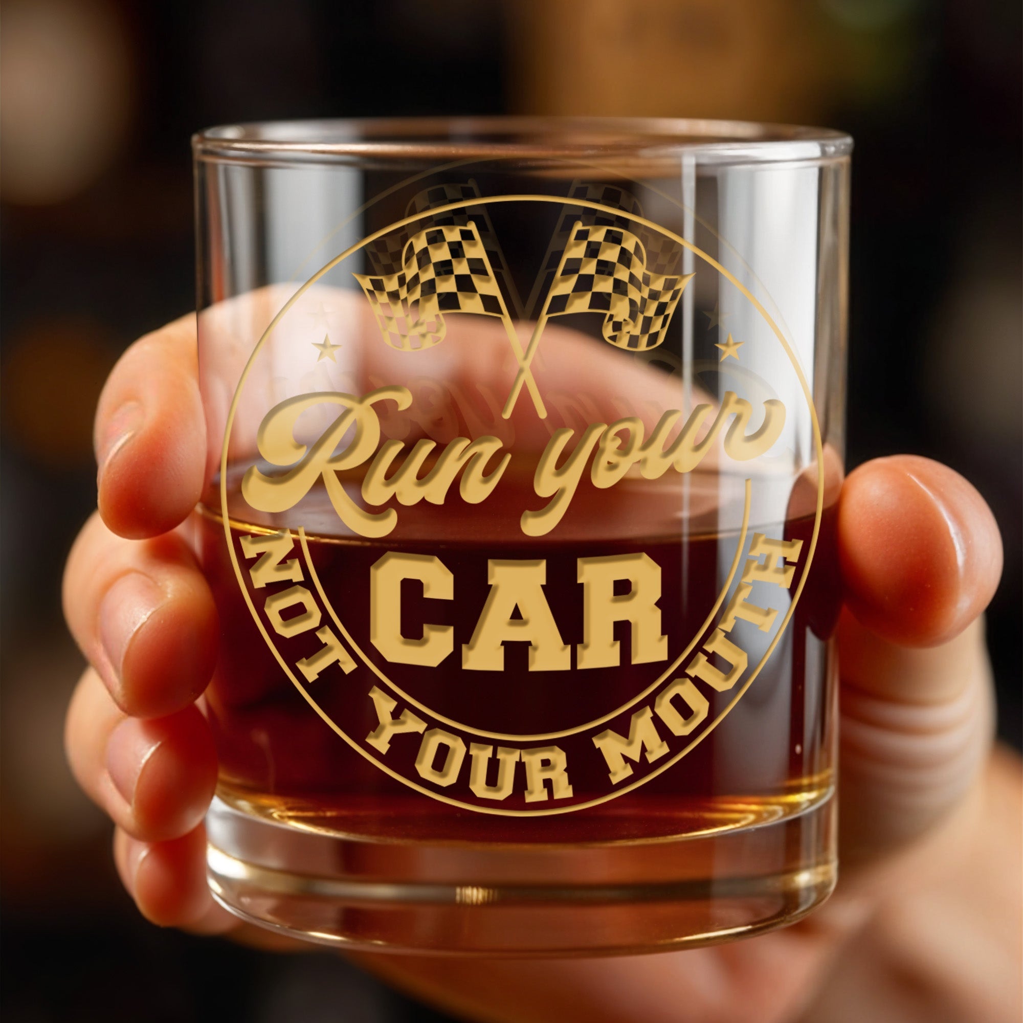 Run Your Car Not Your Mouth With Racing Flags - Personalized Custom Whiskey Glass - HOB059_RWG