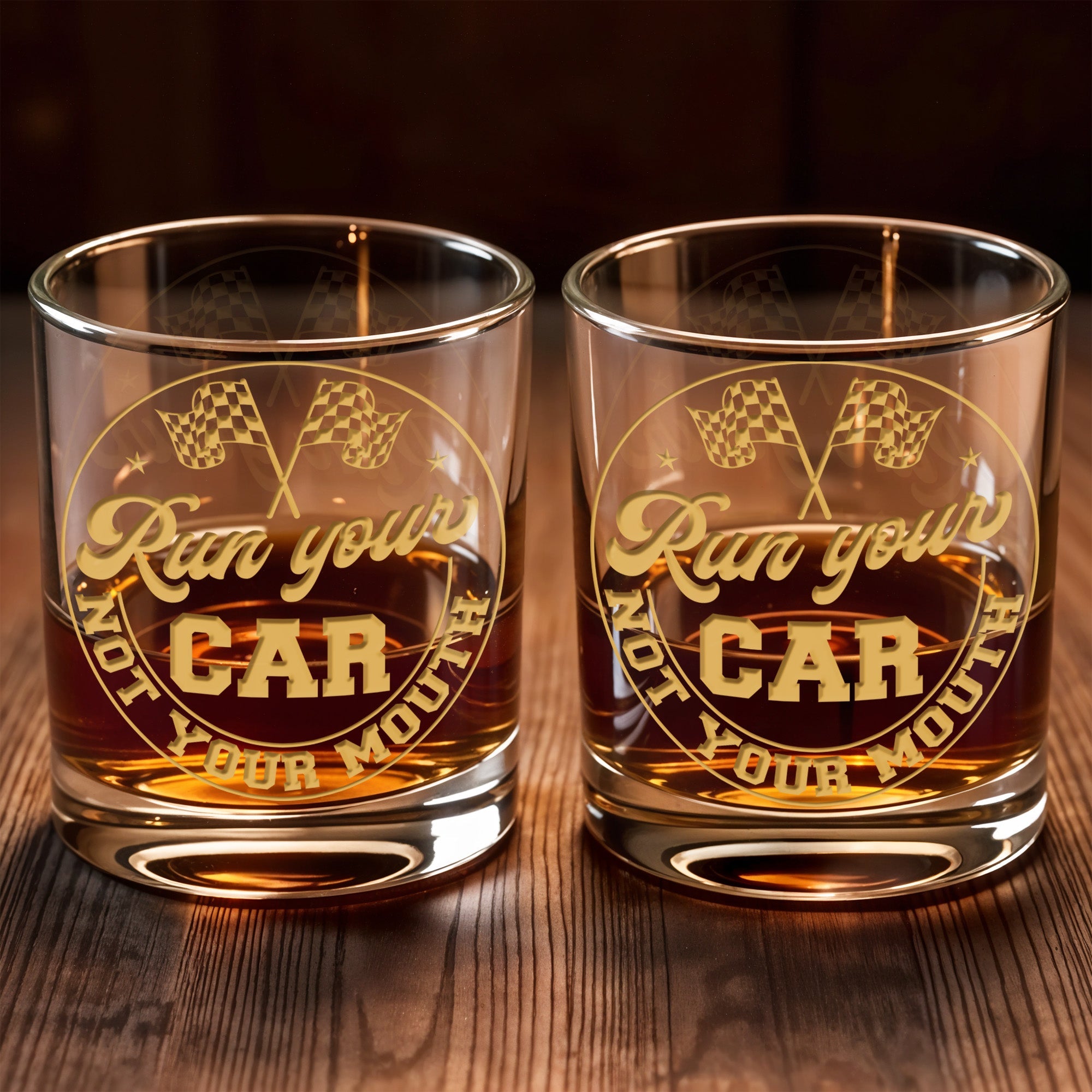 Run Your Car Not Your Mouth With Racing Flags - Personalized Custom Whiskey Glass - HOB059_RWG