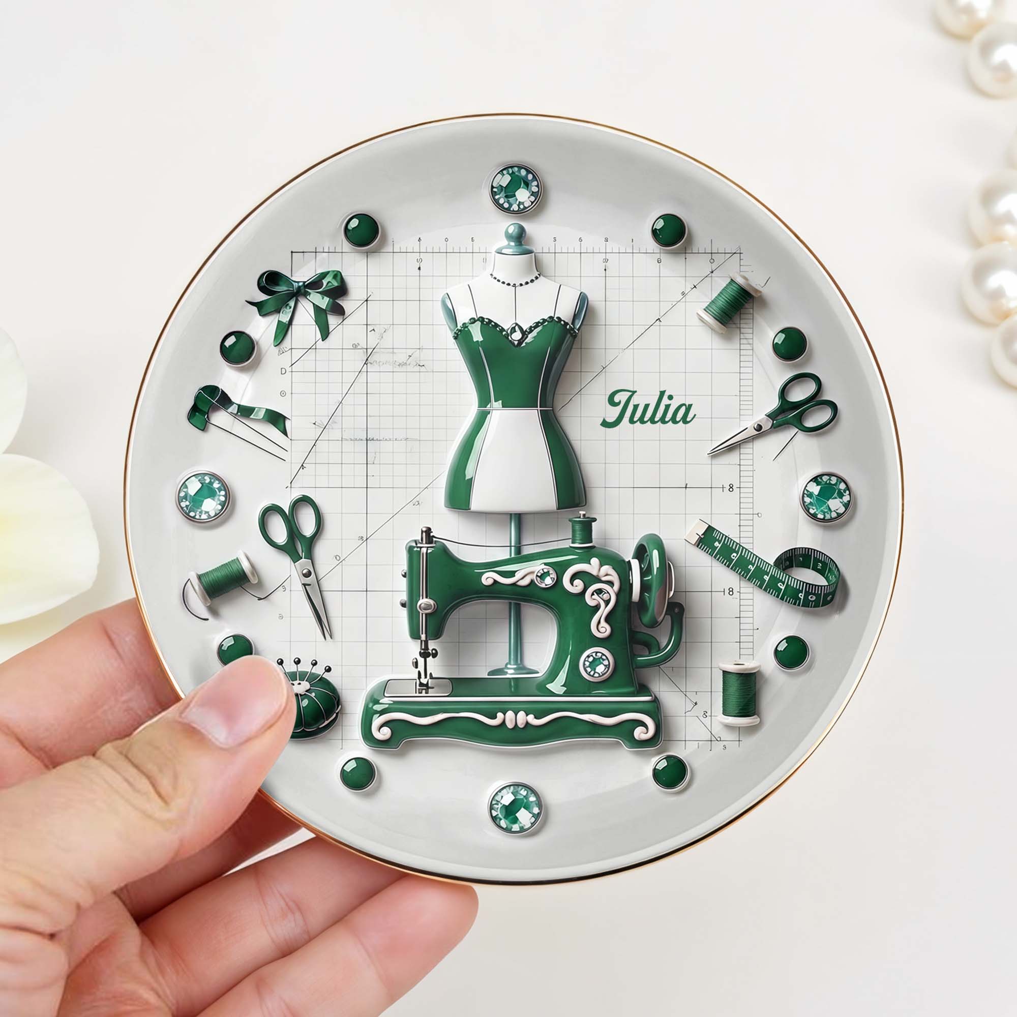 For the Fashion Designer In Your Life, Sewing Essentials - Personalized Custom Jewelry Dish, Ceramic Dish, Round Shape - HOB062_RCRF