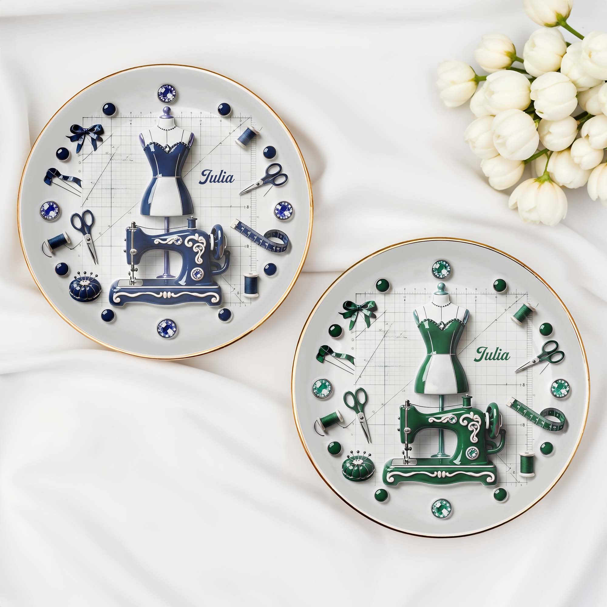 For the Fashion Designer In Your Life, Sewing Essentials - Personalized Custom Jewelry Dish, Ceramic Dish, Round Shape - HOB062_RCRF