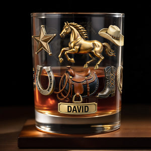 Classic Western Theme, Horse and Cowboy Gear - Personalized Custom Whiskey Glass - HOB062_RWG
