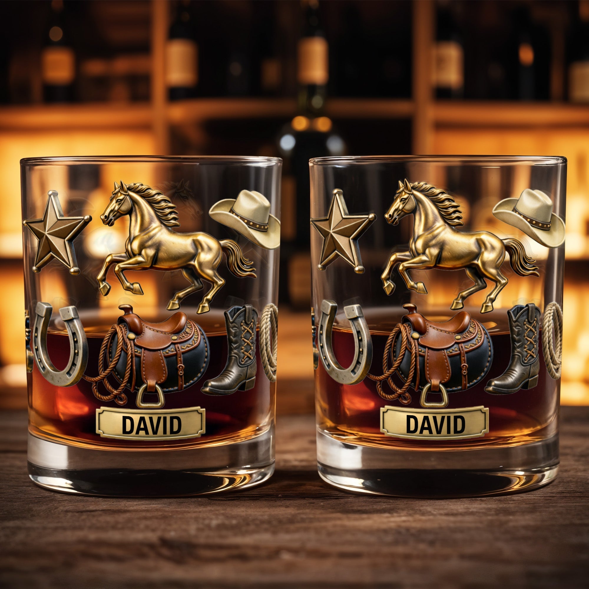 Classic Western Theme, Horse and Cowboy Gear - Personalized Custom Whiskey Glass - HOB062_RWG