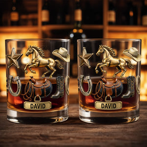 Classic Western Theme, Horse and Cowboy Gear - Personalized Custom Whiskey Glass - HOB062_RWG