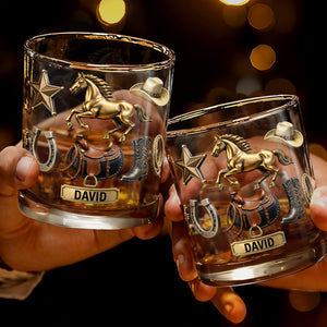 Classic Western Theme, Horse and Cowboy Gear - Personalized Custom Whiskey Glass - HOB062_RWG