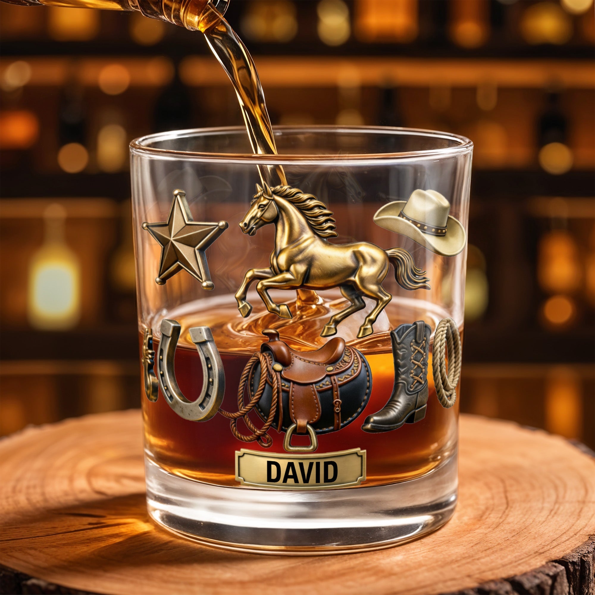 Classic Western Theme, Horse and Cowboy Gear - Personalized Custom Whiskey Glass - HOB062_RWG