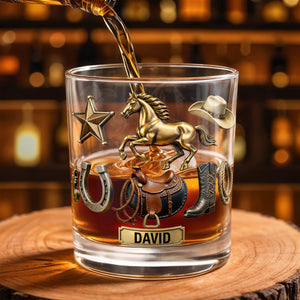 Classic Western Theme, Horse and Cowboy Gear - Personalized Custom Whiskey Glass - HOB062_RWG