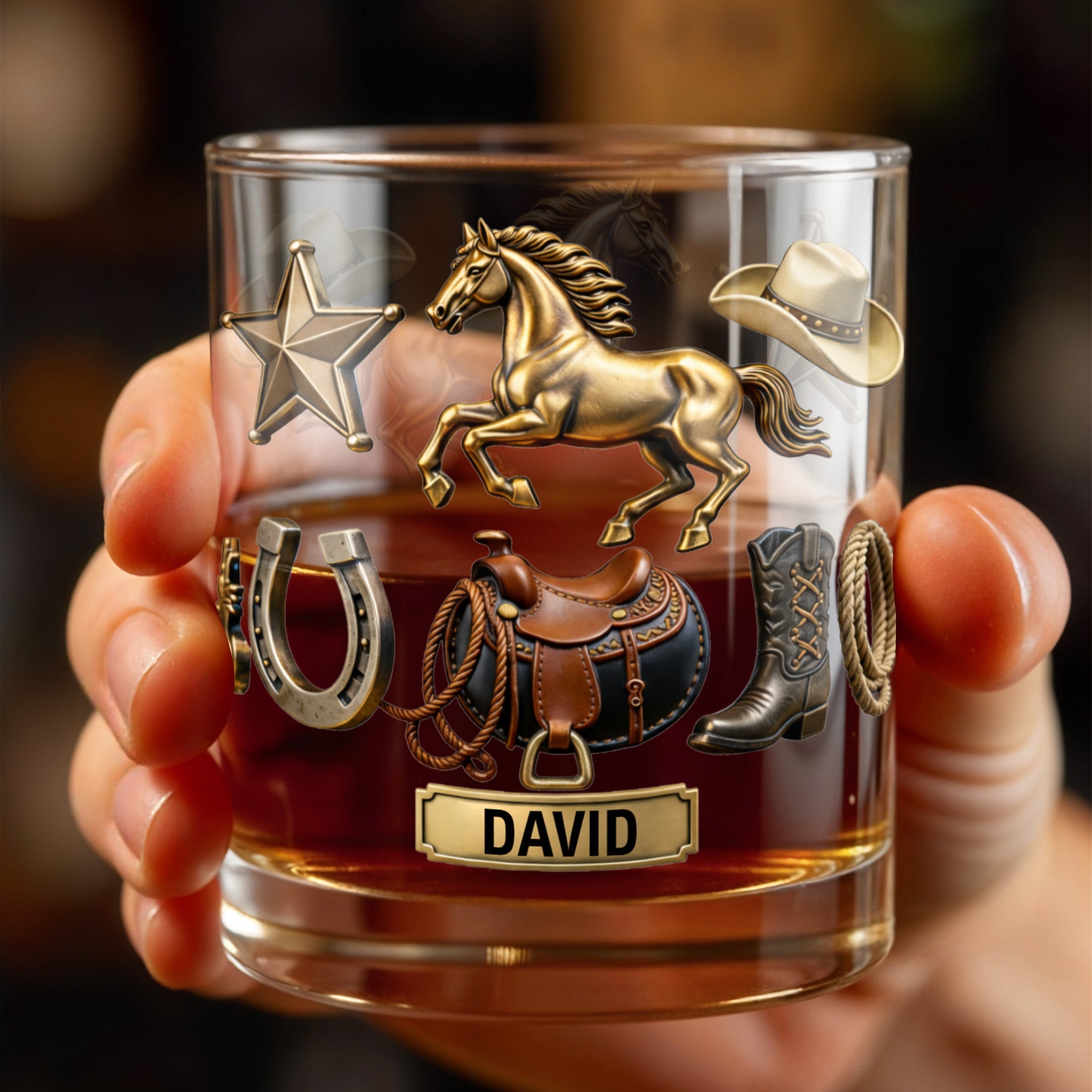 Classic Western Theme, Horse and Cowboy Gear - Personalized Custom Whiskey Glass - HOB062_RWG