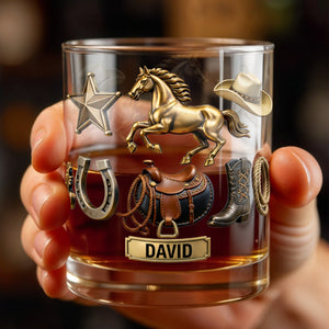 Classic Western Theme, Horse and Cowboy Gear - Personalized Custom Whiskey Glass - HOB062_RWG