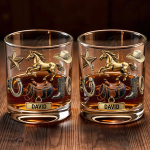 Classic Western Theme, Horse and Cowboy Gear - Personalized Custom Whiskey Glass - HOB062_RWG