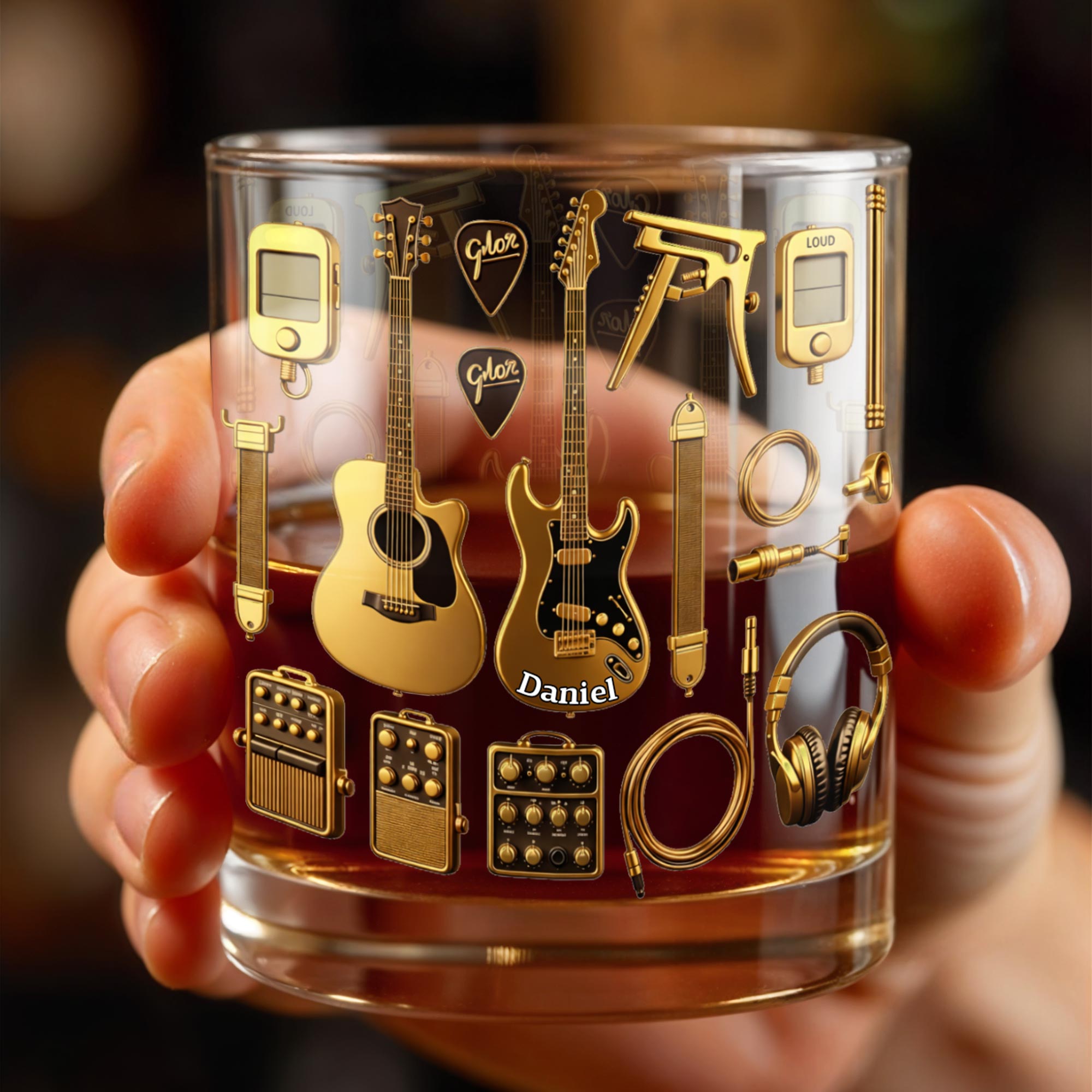Customizable Glass With Guitars, Headphones, And More - Personalized Custom Whiskey Glass - HOB063_RWG