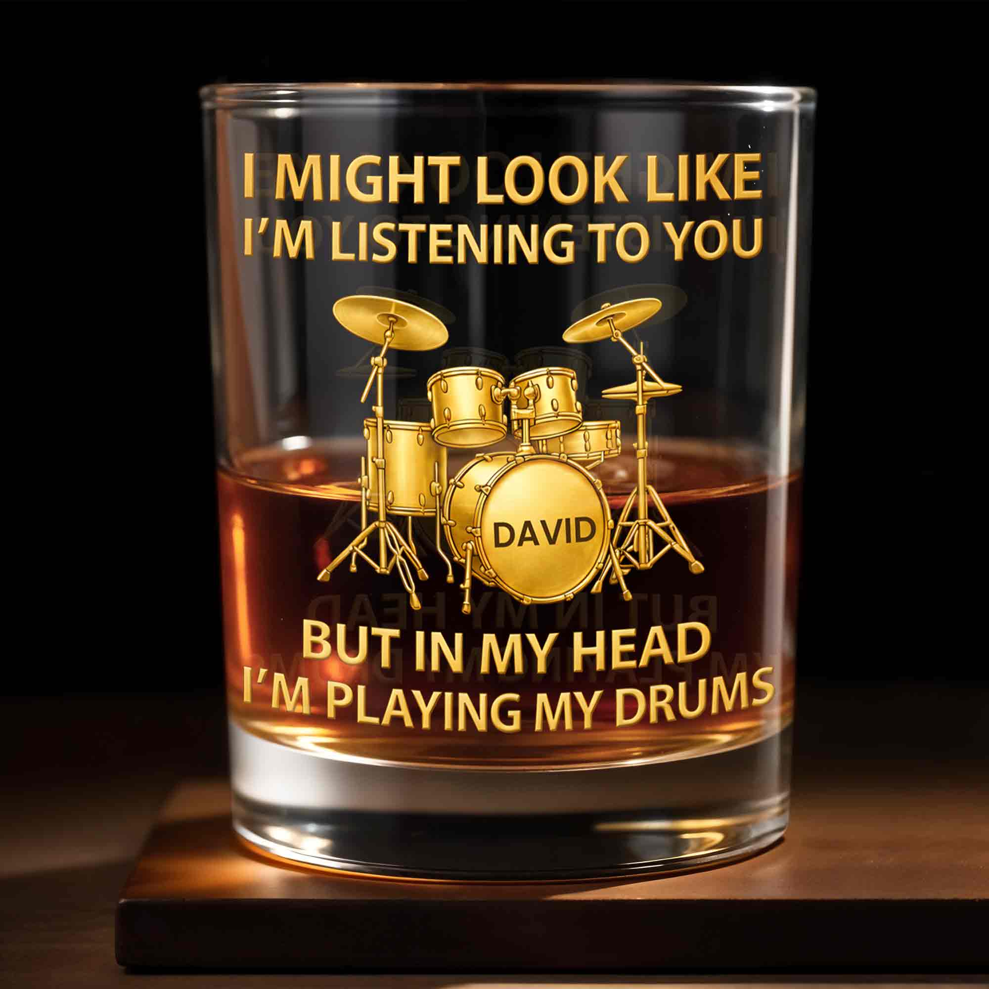 I Might Look Like I'm Listening Drum Set Musician Gift - Personalized Custom Whiskey Glass - HOB102_RWG