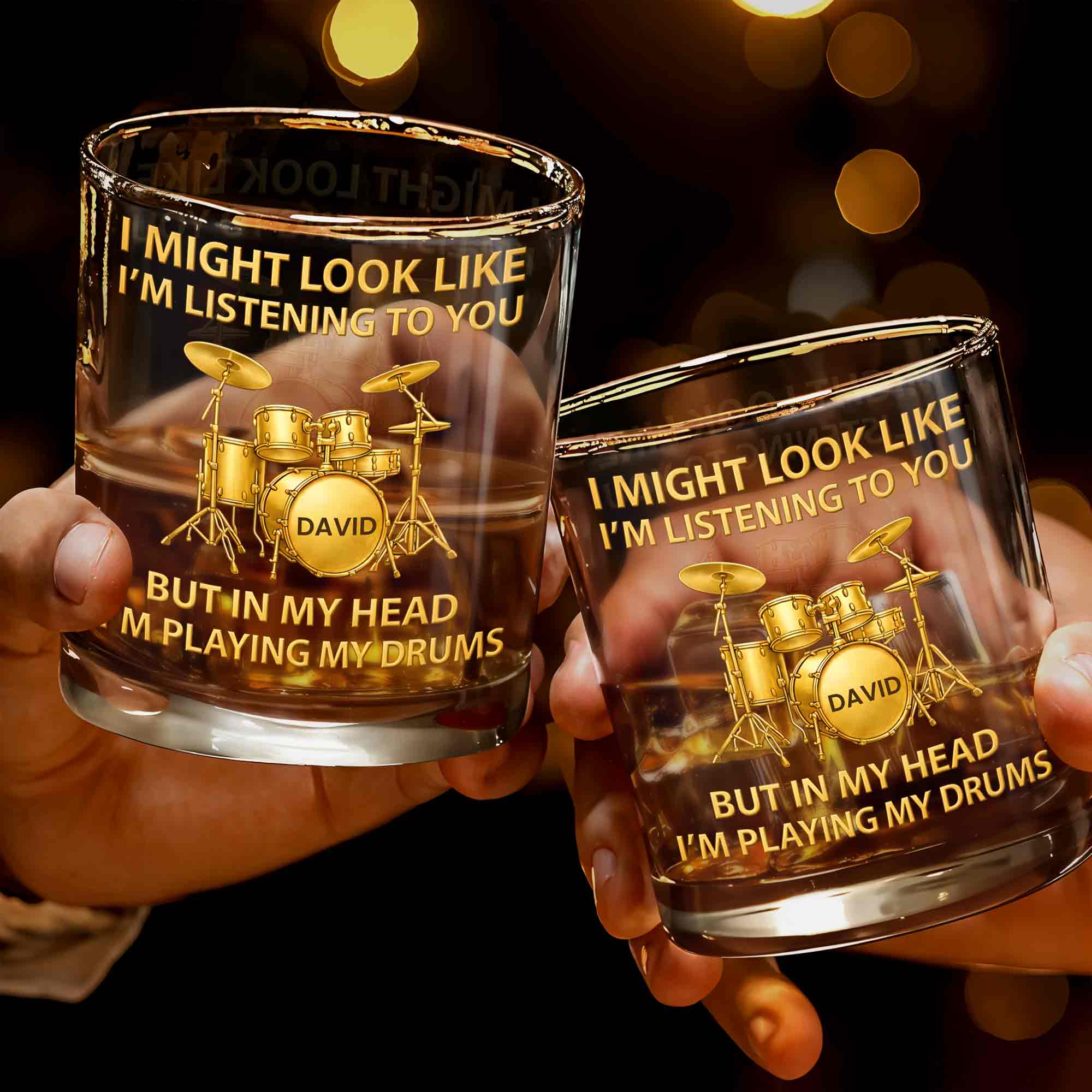 I Might Look Like I'm Listening Drum Set Musician Gift - Personalized Custom Whiskey Glass - HOB102_RWG