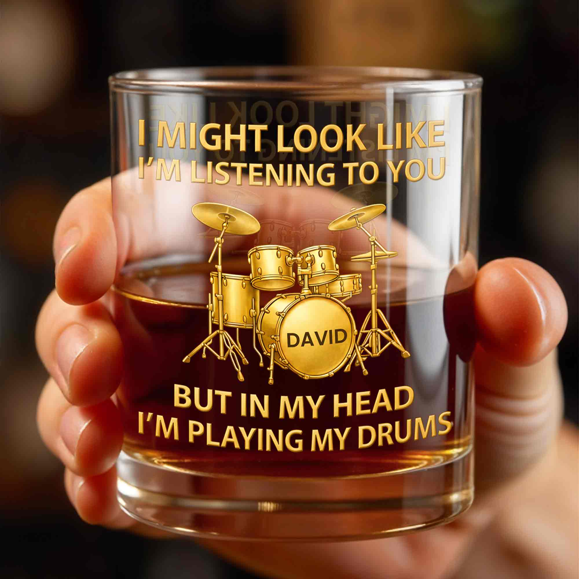 I Might Look Like I'm Listening Drum Set Musician Gift - Personalized Custom Whiskey Glass - HOB102_RWG