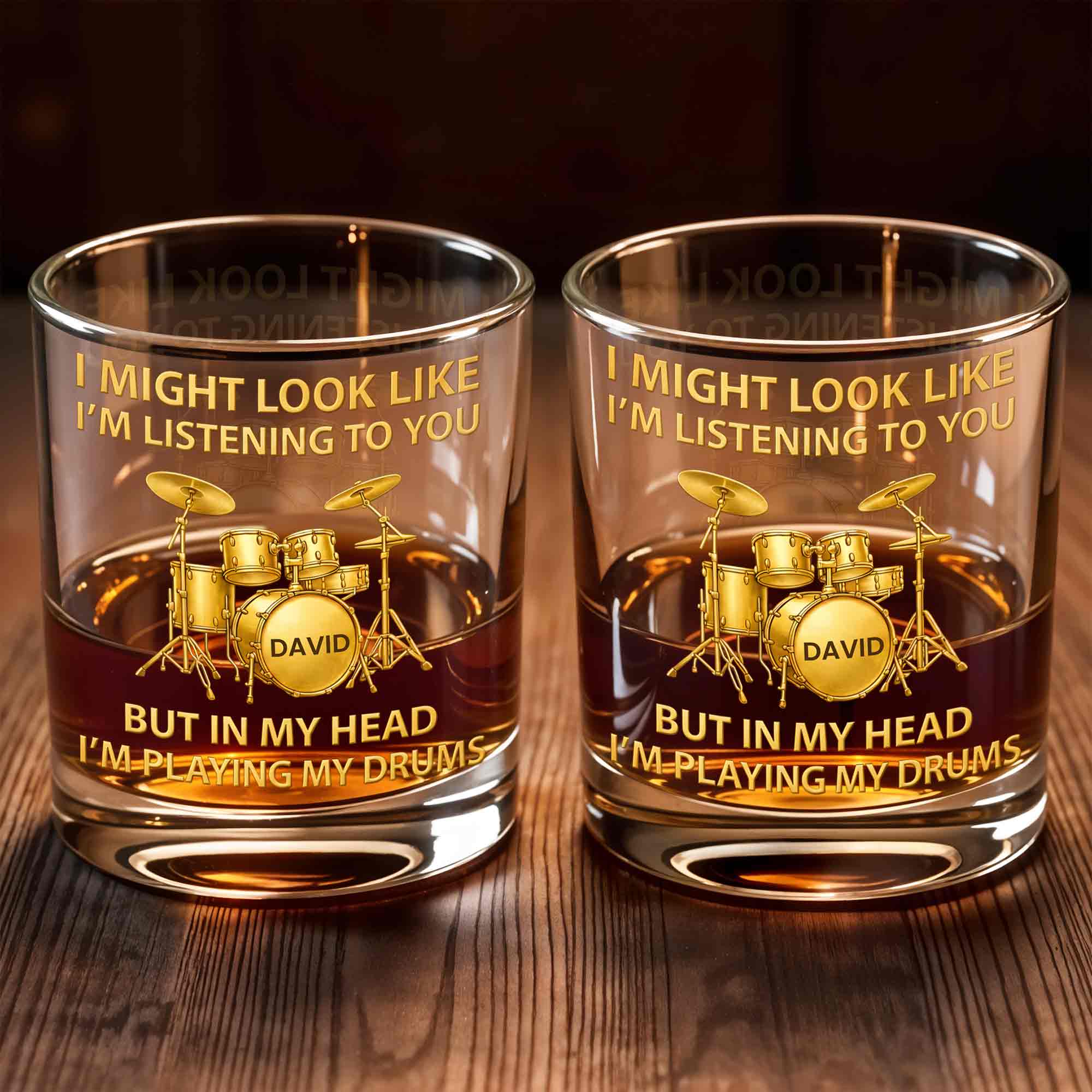 I Might Look Like I'm Listening Drum Set Musician Gift - Personalized Custom Whiskey Glass - HOB102_RWG