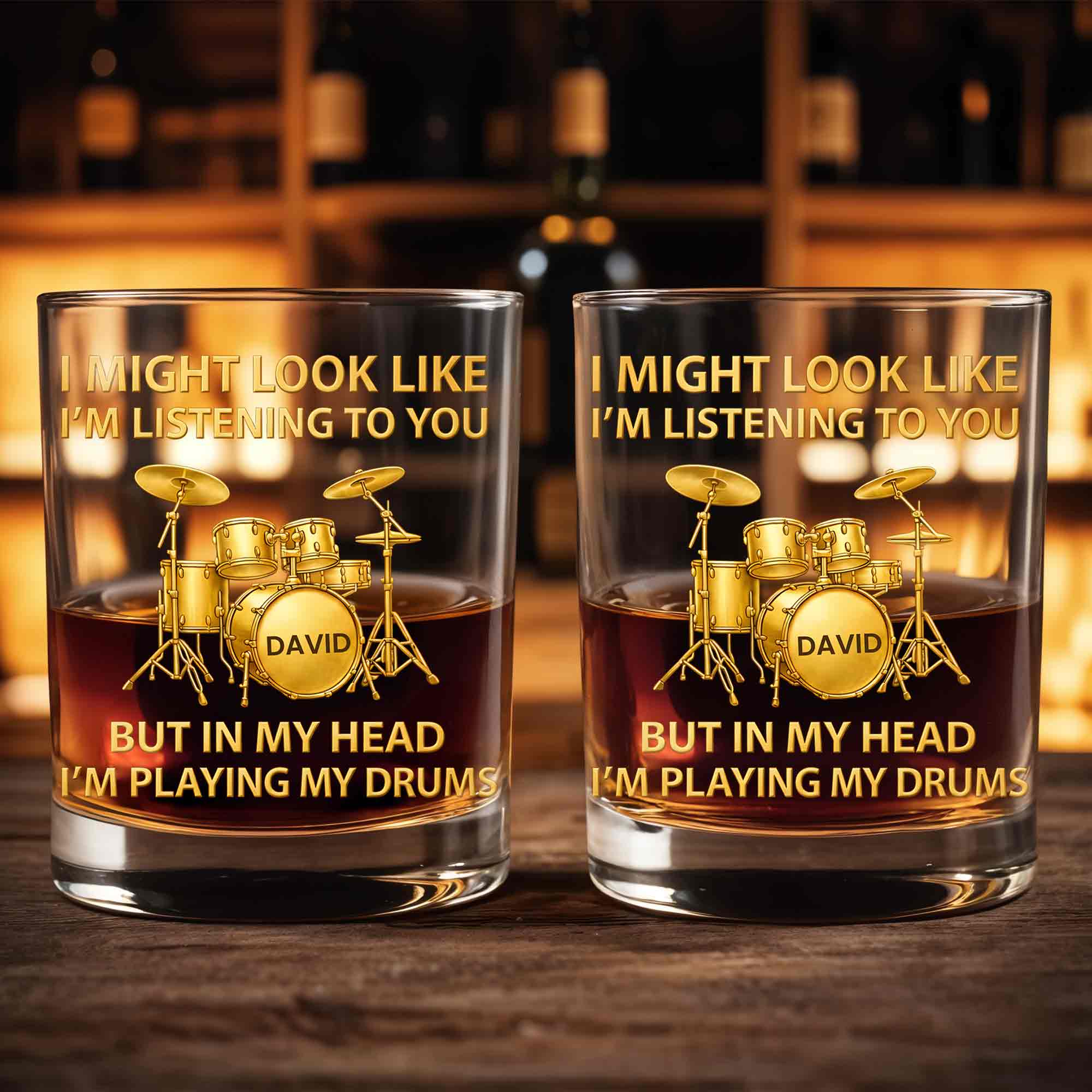 I Might Look Like I'm Listening Drum Set Musician Gift - Personalized Custom Whiskey Glass - HOB102_RWG