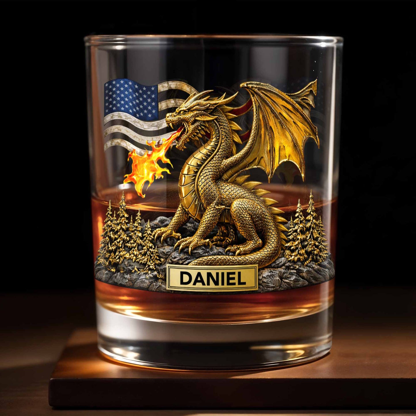 Fierce Golden Dragon Breathing Fire And American Flag With Pine Trees - Personalized Custom Whiskey Glass - HOB110_RWG